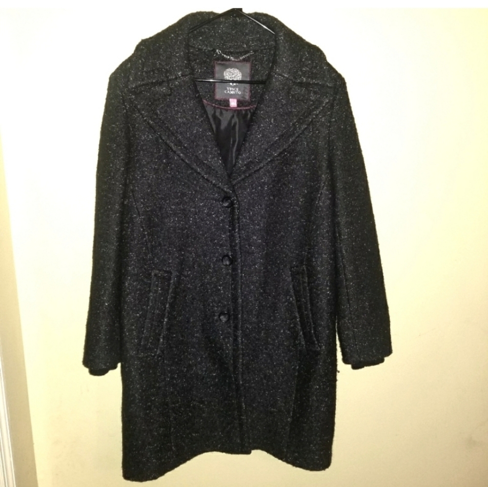 EUC Vince Camuto Long Speckled Black Heavy Wool Blend Coat